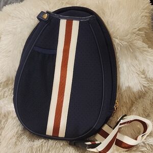 Antonio Melani x Parker & Hyde Neoprene Pickleball Bag Backpack Blue Brown White